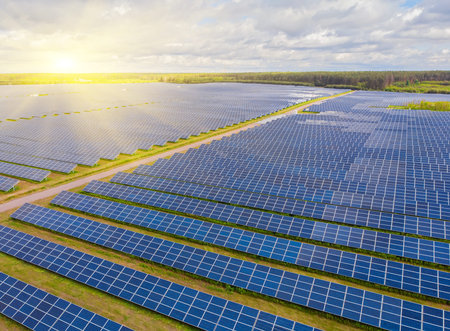 Aerial view to solar power plant. Industrial background on renewable resources theme.