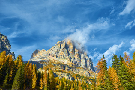 the beautiful Italian Dolomites an autumn dayの写真素材