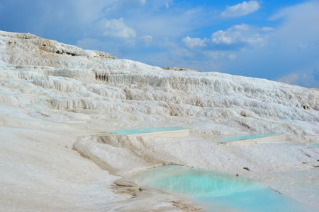 Thermal springs of Pamukkale with terraces and natural pools in Denizli in southwestern Turkeyの写真素材