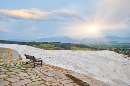 beautiful sunrise and Natural travertine pools and terraces, Pamukkale, Turkeyの写真素材