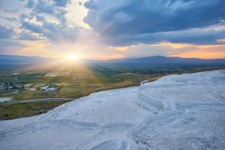 beautiful sunrise and Natural travertine pools and terraces, Pamukkale, Turkeyの写真素材
