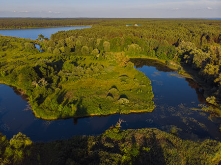 Aerial drone view. The bend of a wide river among green meadows. Sunny summer day.の写真素材