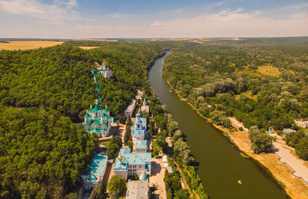 Holy Dormition Holy Lavra. Bird's-eye view, photographed on a drone, Svyatogorsk. Ukraine.