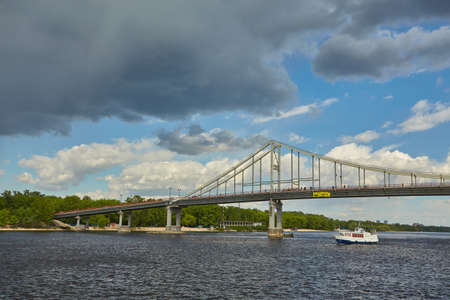 Evening, Pedestrian bridge, Kiev Ukraine. Copy space for text.のeditorial素材