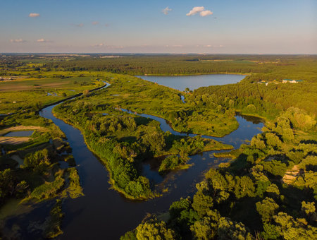 River bend surrounded by fields from bird's eye view.