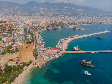 Awesome view of the Kizil Kule by the Mediterranean Sea in Alanya, Turkey. The Red Tower is a popular tourist attraction in Turkey.のeditorial素材