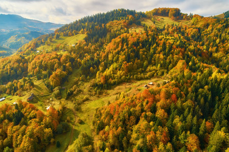 Mountain forest landscape under evening sky with clouds in sunlight. Aerial drone view.の写真素材