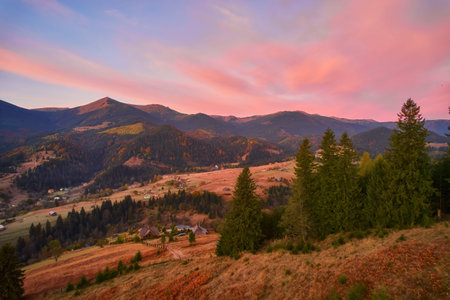 Mountain forest landscape under evening sky with clouds in sunlight. Aerial drone view.