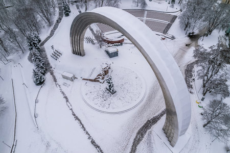 Aerial view of Kiev, Ukraine in winter. Khreshchatyi park and the Arch of Friendship of Peoplesのeditorial素材