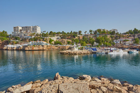Antalya, Turkey - 02.05.2017: Panoramic view of the port in the old town old city marina at summer, Turkeyのeditorial素材