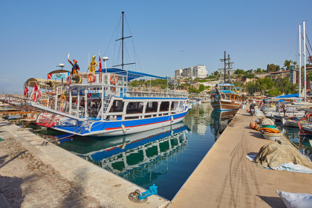 Antalya, Turkey - 02.05.2017: Panoramic view of the port in the old town old city marina at summer, Turkeyのeditorial素材