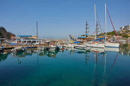 Antalya, Turkey - 02.05.2017: Panoramic view of the port in the old town old city marina at summer, Turkeyのeditorial素材