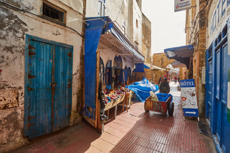 ESSAOUIRA, MOROCCO. 12 th February, 2017: colorful handricrafts at moroccan shop in essaouita, after the rainのeditorial素材