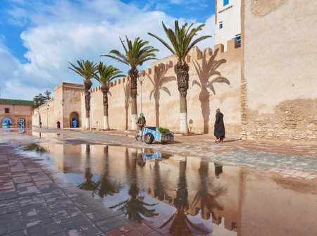 ESSAOUIRA, MOROCCO. 13 th February, 2017: cAncient walls of the medina with palm trees, merchants hurrying on business, after the rainのeditorial素材