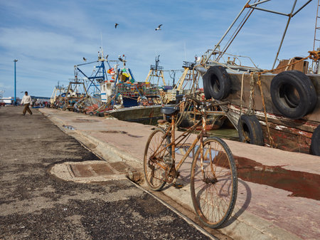 ESSAOUIRA, MOROCCO. 13 th February, 2017: Typical fishing boat on the coast of Essouira, Morocco. The city was called Sidi Megdoulin in 11th-centuryのeditorial素材