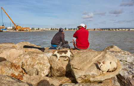 ESSAOUIRA, MOROCCO. 13 th February, 2017: Typical fishing boat on the coast of Essouira, Morocco. The city was called Sidi Megdoulin in 11th-centuryのeditorial素材