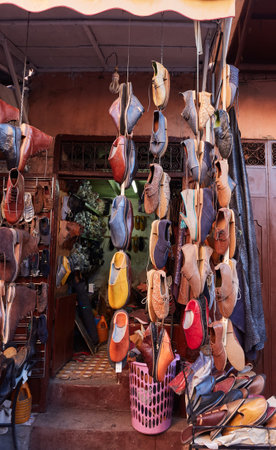 Morocco, Marrakech, February 02, 2017: View of the market and cafe place in the medina of Marrakesh...