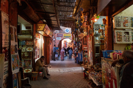 Morocco, Marrakech, February 02, 2017: View of the market and cafe place in the medina of Marrakesh on a sunny day.のeditorial素材