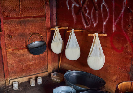 Making organic sheep cheese in wooden mountain Carpathian cheese factory with a boiling smoked cauldron with milk on open fire, Western Ukraine, Europeの写真素材