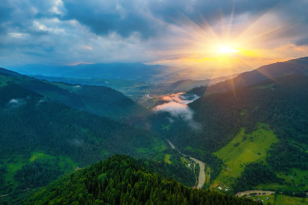 Mountains in clouds at sunrise in summer. Aerial view of mountain peak with green trees in fog....