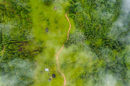 Aerial top down view of Mountain Village in Carpathians in Summer dayの写真素材