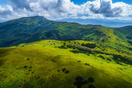 Peaceful scene of misty mountains. Location place of Carpathian mountains, Ukraine, Europe. Aerial photography, top view drone shot. Discover the beauty of earth.の写真素材