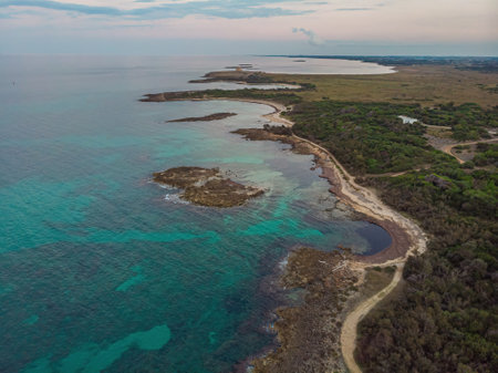 Zenith view of the seacoast around Torre Guaceto in Puglia, Italy. The shot enhances the layers of the morphlogy of the ground and the colors of nature typical of this area.の写真素材