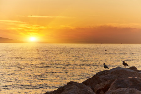 Rocky Cliffs and Mountain Landscape by the Tyrrhenian Sea. Amalfi Coast, Italy. nature background. Sunset Skyの写真素材