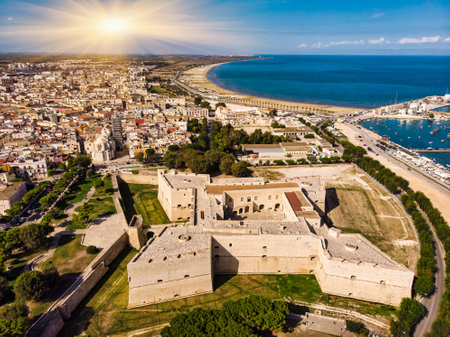 Aerial drone view, Castello Svevo, Trani region, Barletta Apulia Italyの写真素材