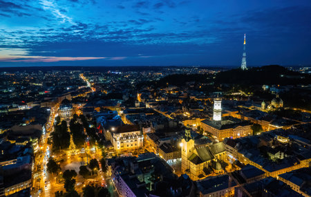 panoramic view on sunset above old european city. bird's eye view.の写真素材