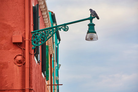 Burano island, traditional colorful walls of the common old houses and a street lantern, architectural background.の写真素材
