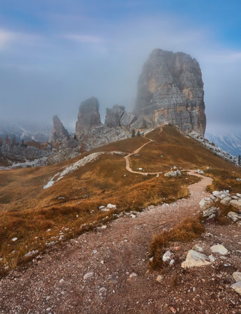 Cinque Torri mountain, beautiful autumn colors in Dolomites mountain on the background Tofana peak in valley Cortina D'Ampezzo city at Italy, Europeの写真素材