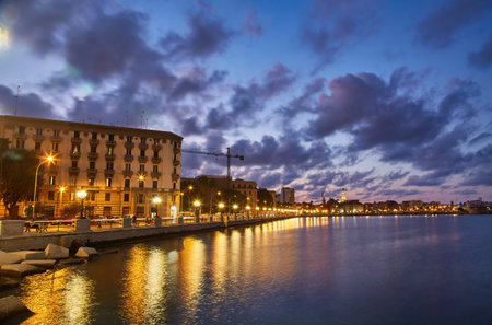 Panoramic view of Bari, Southern Italy, the region of Puglia, Apulia seafront at dusk.の写真素材