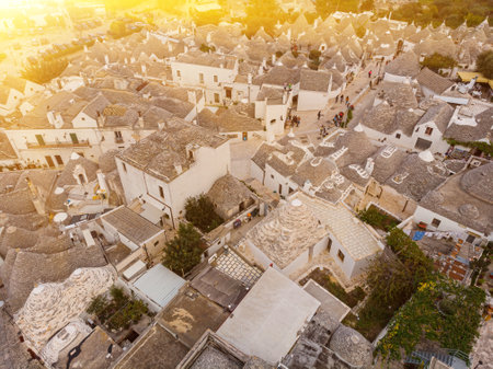 Aerial view of Alberobello, city of Trulli in Itria Valley, Puglia. Traditional Apulian dry stone huts with a conical roof in the Murge area of the Italian region of Apulia. Trulli city south Italyの写真素材