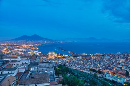 Panoramic view of Naples at night, Campania, Italyの写真素材