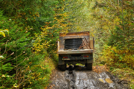 Country dirt road through the forest with large muddy puddles after rainの写真素材