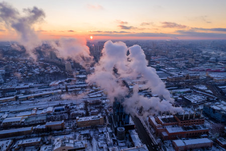 Pipe of a city boiler room against a declineの写真素材