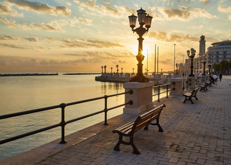 Panoramic view of Bari, Southern Italy, the region of Puglia, Apulia seafront at dusk.の写真素材