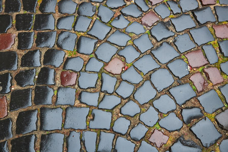 texture wet stone pavers in the old town, wet stone paving stone tiles after rain. Layout with free text copy space.の写真素材