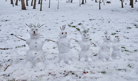 A winter scene featuring five small snowmen standing in a park.の写真素材