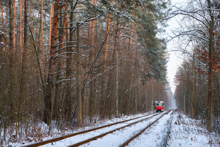 A mesmerizing winter scene as a vibrant red tram makes its way through a snow-covered forest. The contrast of the crimson tram against the white landscape is truly captivating.の写真素材