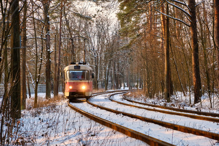 A mesmerizing winter scene as a vibrant red tram makes its way through a snow-covered forest. The...