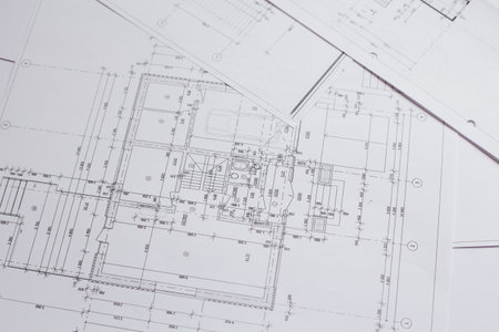 architectural plans. construction site, pencil and blueprints.の写真素材