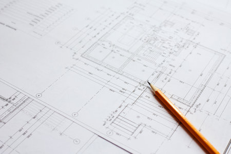 architectural plans. construction site, pencil and blueprints.の写真素材