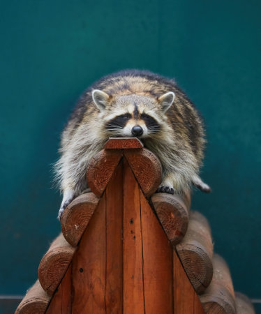 Funny lazy raccoon lying on wooden doorstepの写真素材