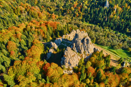 Aerial view from drone to Tustan fortress - archeological and natural monument of national significance in Urych village in autumn time, Ukraine. Landscape photographyの写真素材