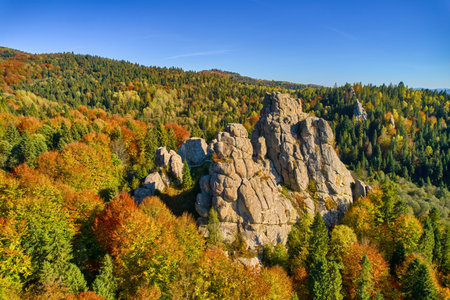 Aerial view from drone to Tustan fortress - archeological and natural monument of national significance in Urych village in autumn time, Ukraine. Landscape photographyの写真素材