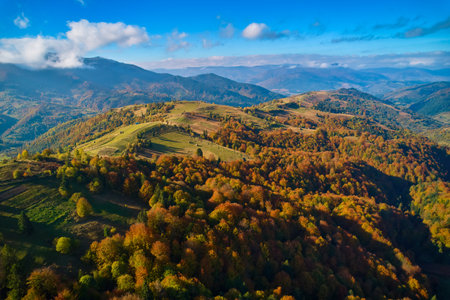 Drone view of the mountains on a sunny autumn dayの写真素材