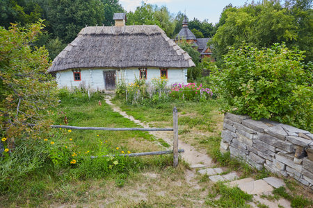 Traditional Ukrainian house in Pirogovo, Ukraine, Kyivの写真素材
