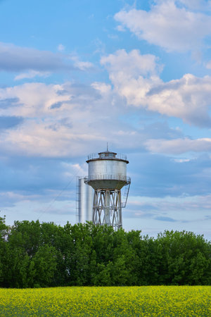 Metal water tower in the field against the blue sky and cloudsの写真素材